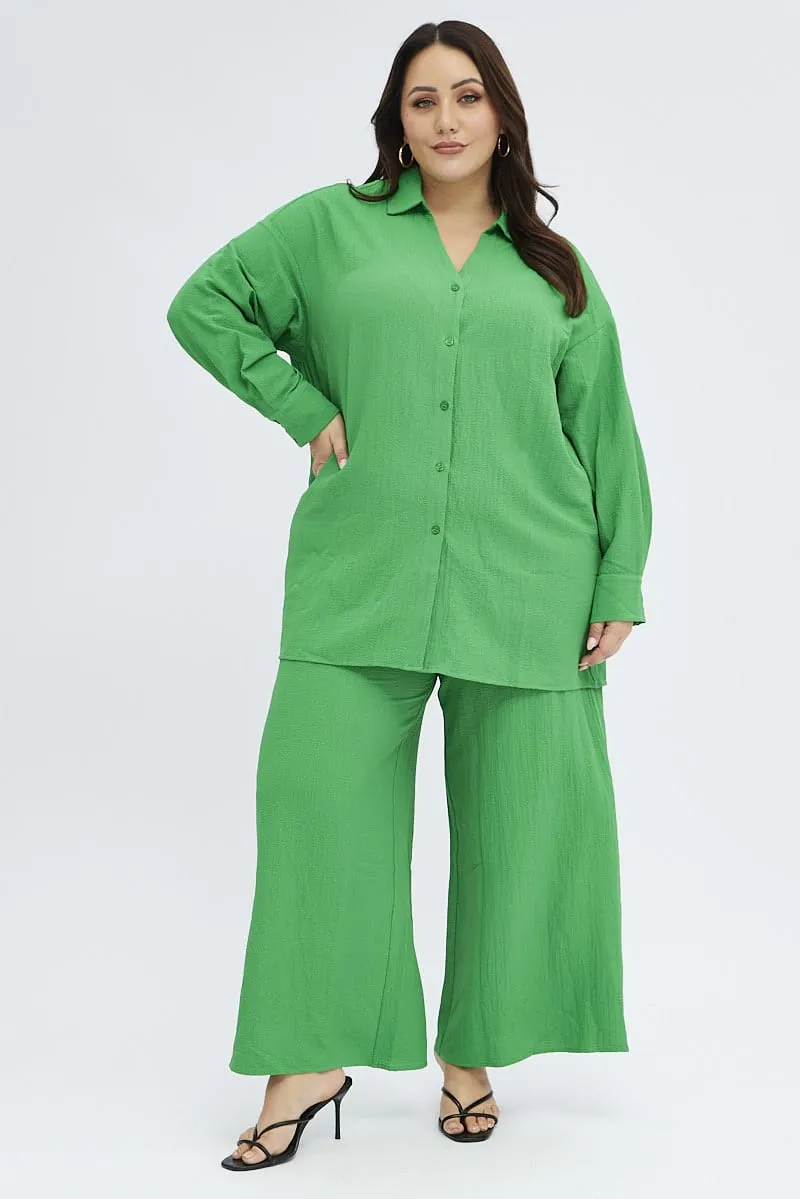 Seasonless wear Light wash Green Wideleg Pants Crinkle Texture
