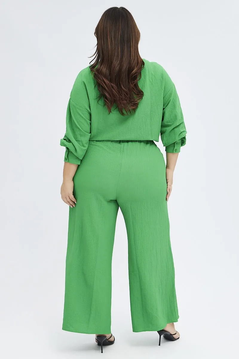 Green Wideleg Pants Crinkle Texture FlexibleMobilityDesign