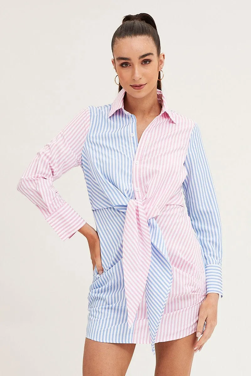 SnagResistant Weave Pearl Tone Stripe Shirt Dress Long Sleeve