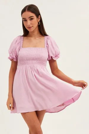 Pink Skater Dress Square Neck Short Sleeve Light Fit