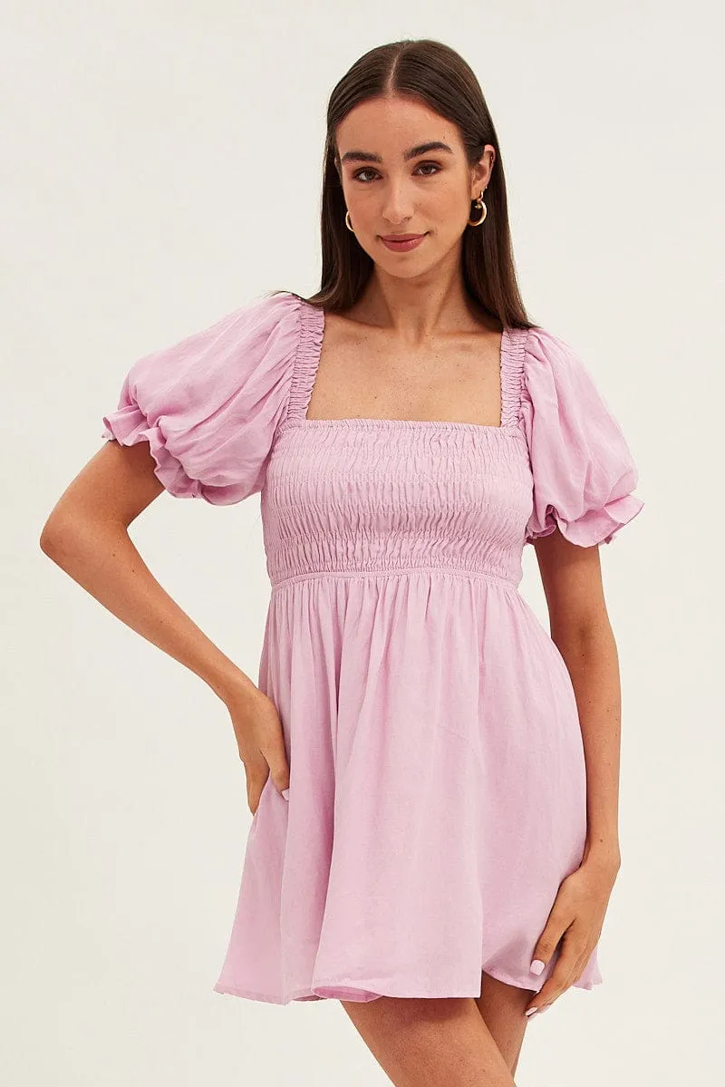 ReinforcedHem Pink Skater Dress Square Neck Short Sleeve