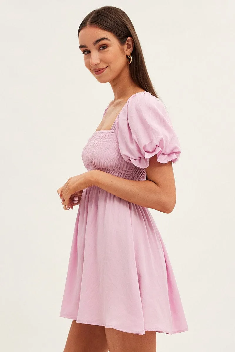 ElasticCuffDesign Pink Skater Dress Square Neck Short Sleeve