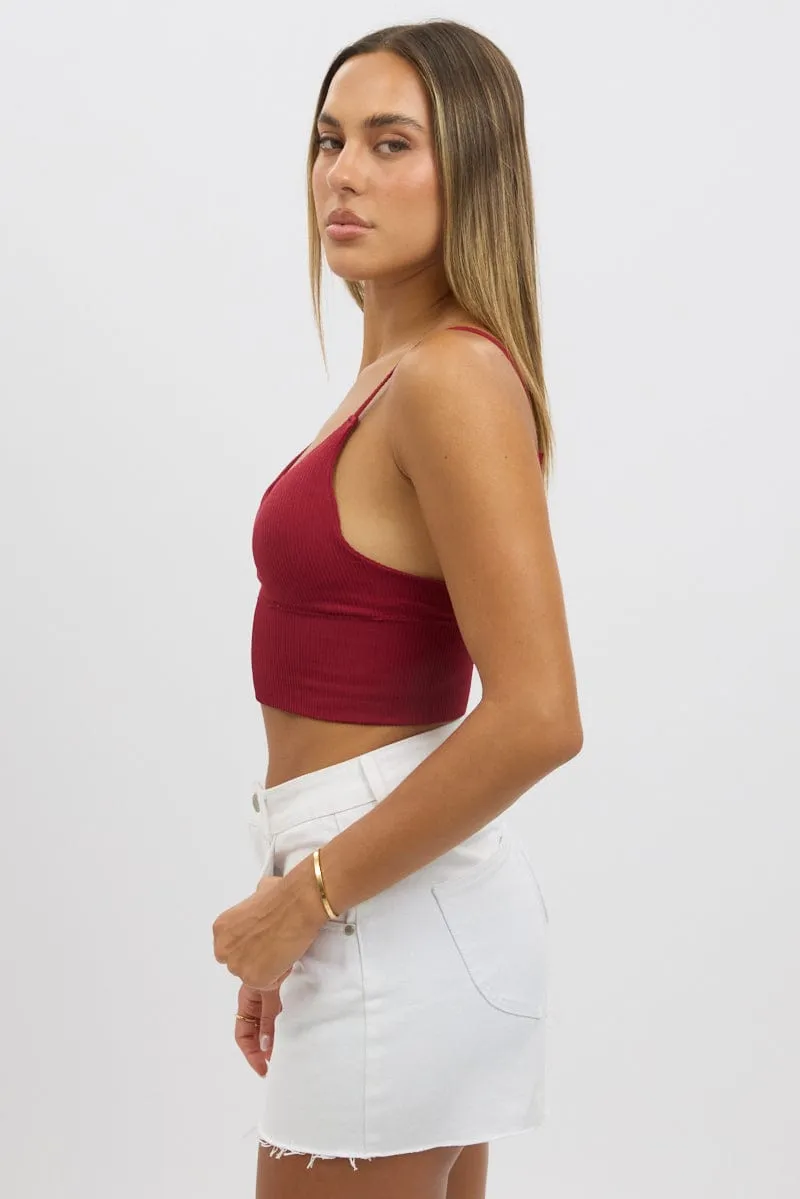 Red V Neck Cami Crop Top Seamless Raw Linen