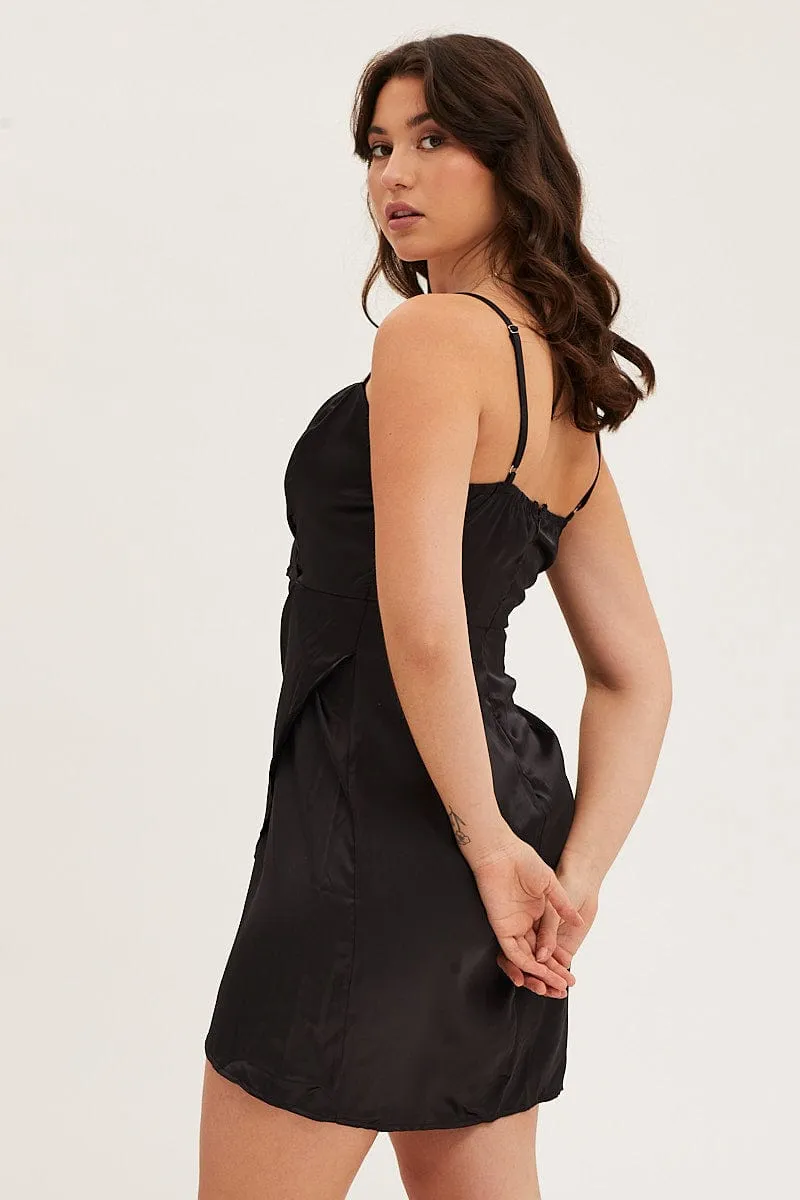 Black Mini Dress Strap Wrap Sweet Heart Neck Polyester Flattering Silhouette Floral Look