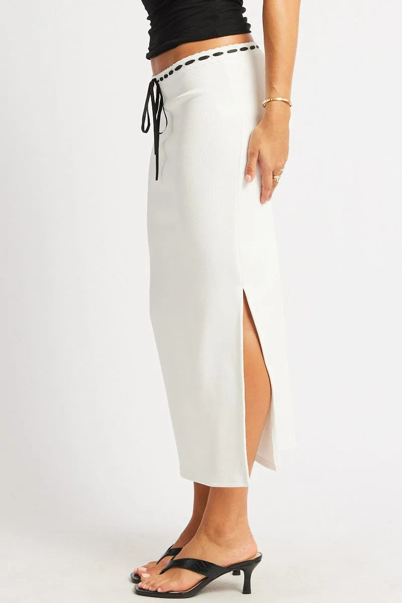 Eco conscious White Midi Skirt High Rise Lace Detail Rib Jersey