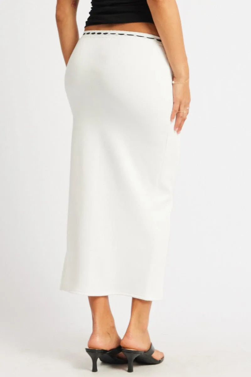 Stylish Vibe Mood Dressing White Midi Skirt High Rise Lace Detail Rib Jersey