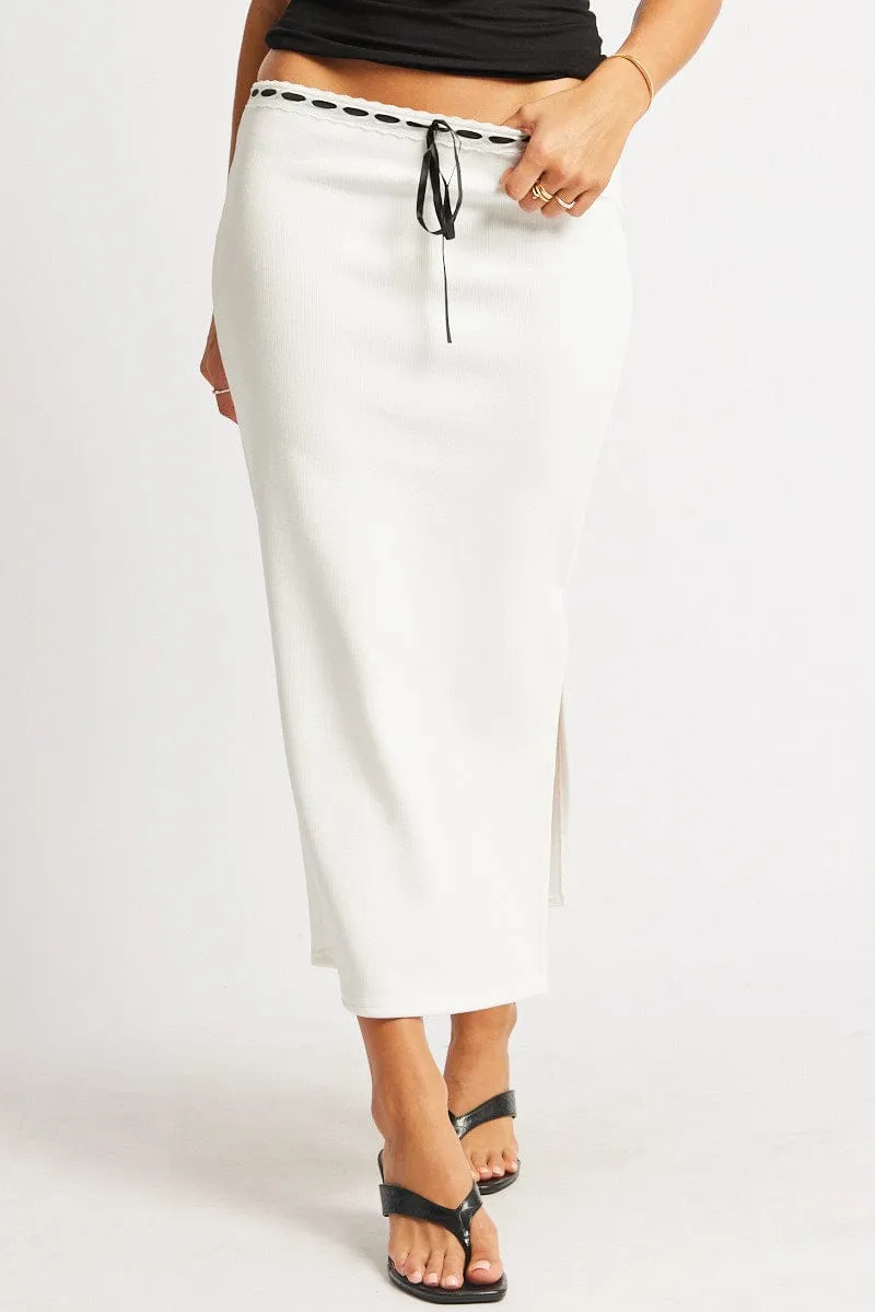 White Midi Skirt High Rise Lace Detail Rib Jersey City Ready Classic Mood