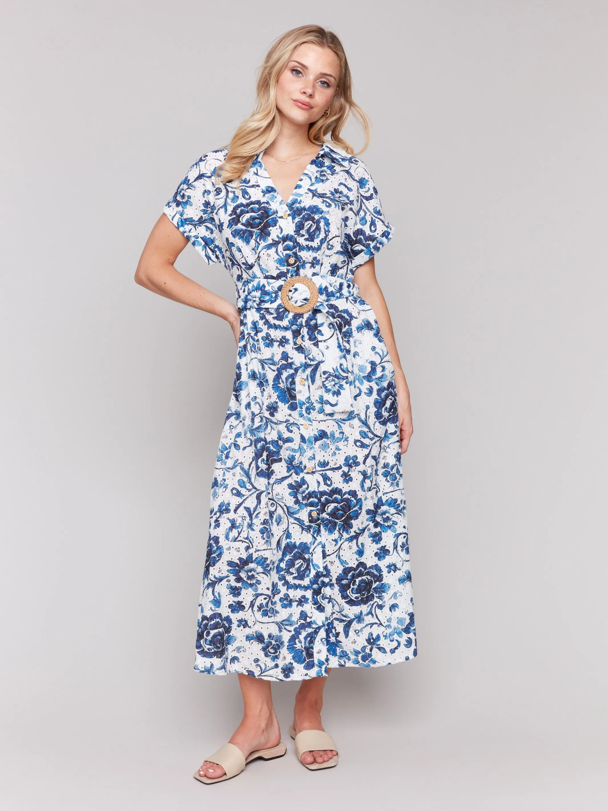 Floral Print Cotton Maxi Dress - Delphinium Stylish Blouse Sunset Scene