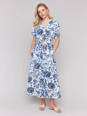 Heat Safe Premium Apparel Floral Print Cotton Maxi Dress - Delphinium