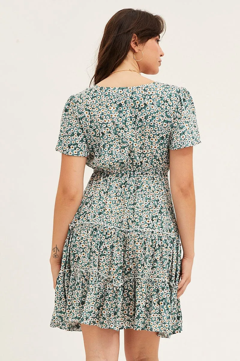 Low Care Layered Clothing Print Button Front Skater Dress