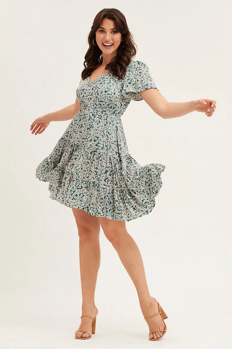 Print Button Front Skater Dress Casual Skirt