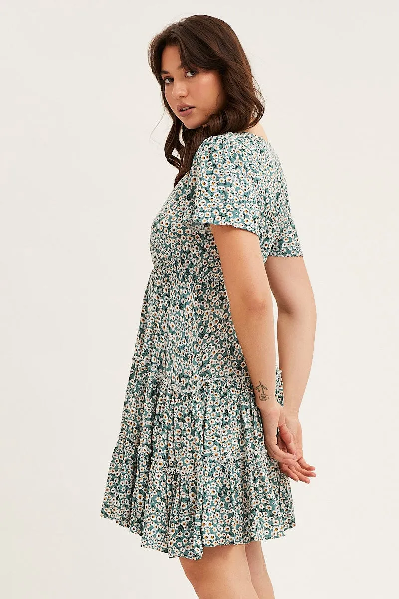 Chic Edge Tight Core Print Button Front Skater Dress