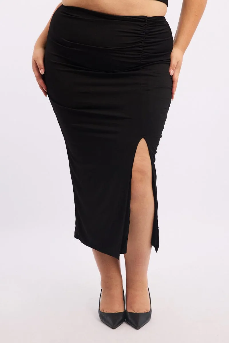 Tiered Design Black Ruched Front Midi Bodycon Skirt