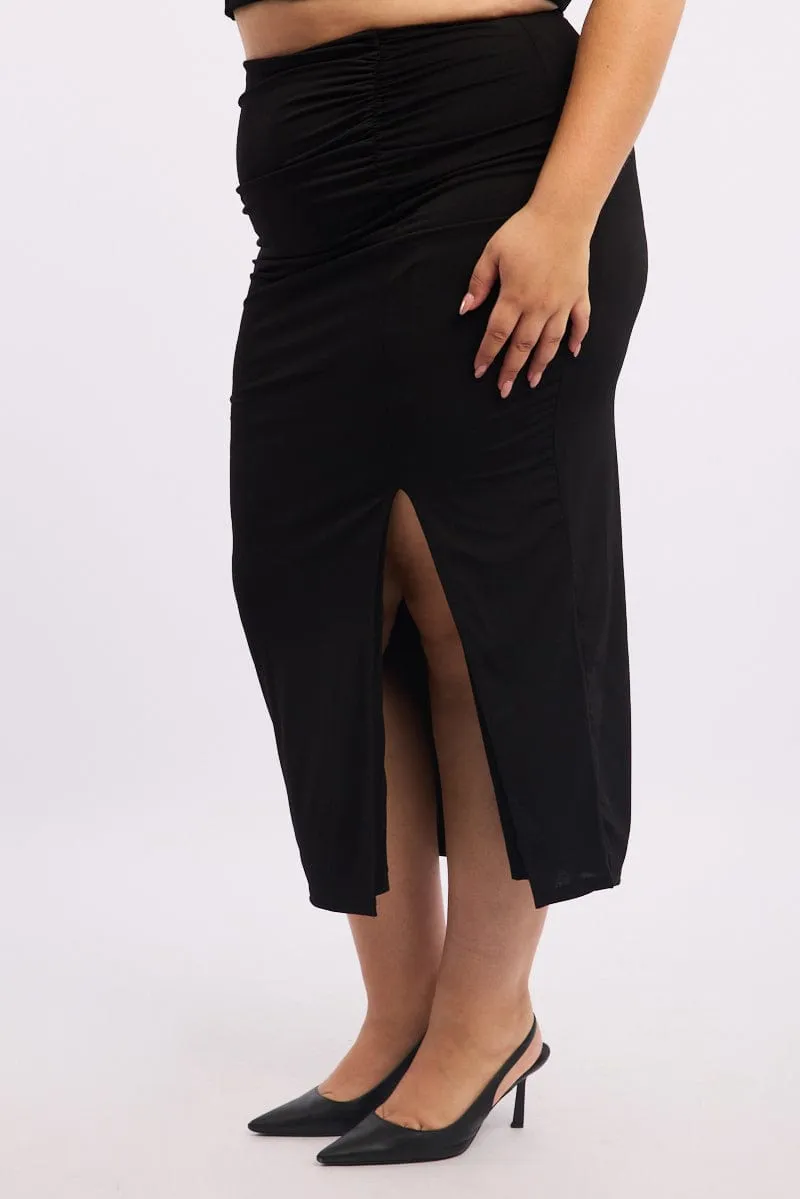 Classic Comfort Sophisticated Casual Black Ruched Front Midi Bodycon Skirt