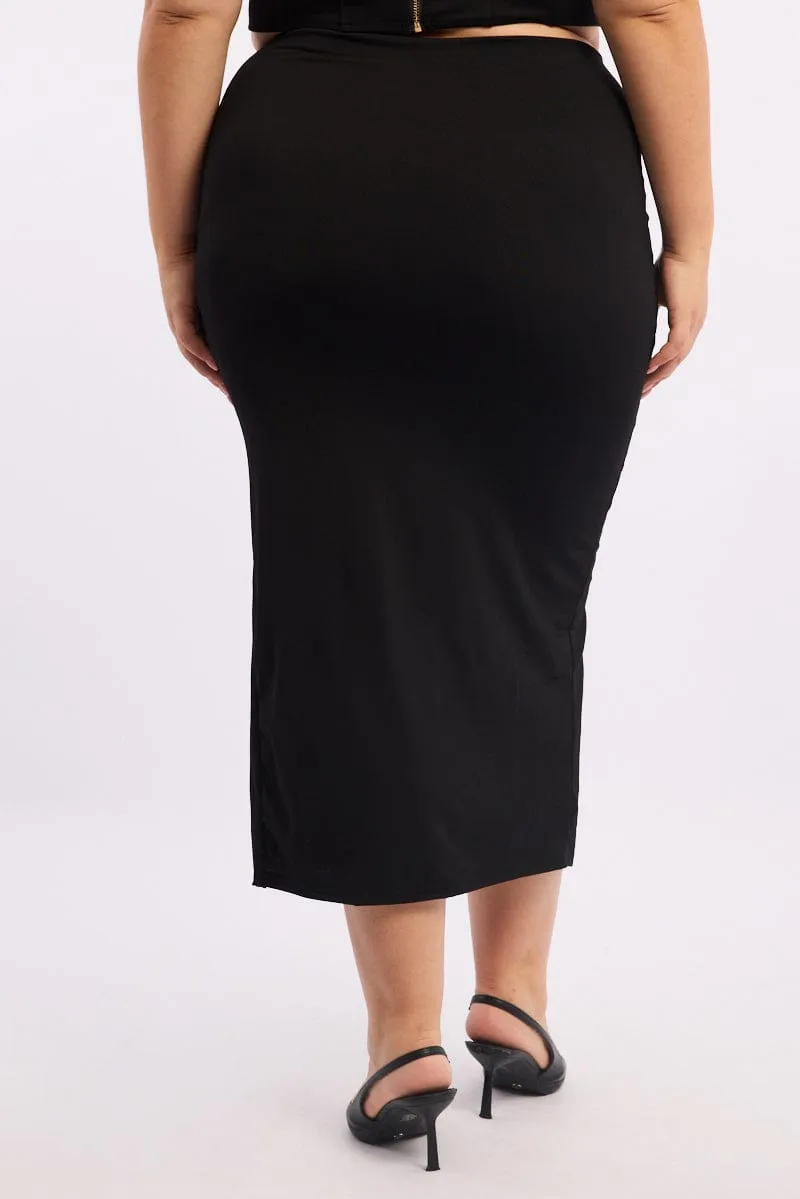 Young adult Black Ruched Front Midi Bodycon Skirt