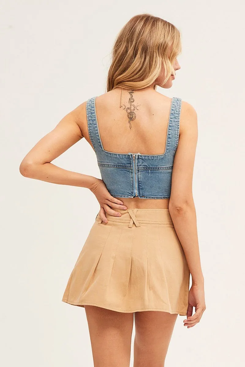Knee Length Beige Pleated Tennis Skirt
