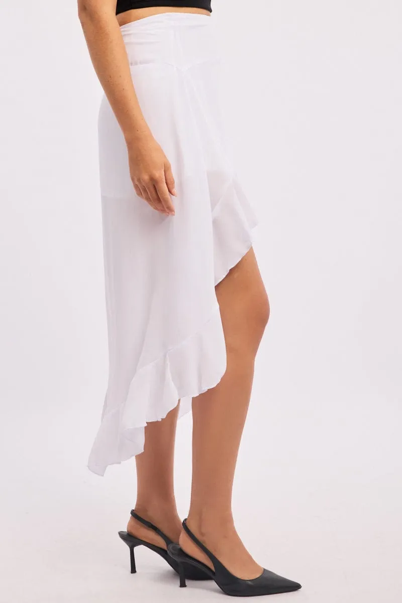 White Frill Skirt High Waisted High Low Midi Slip Resistant Waist