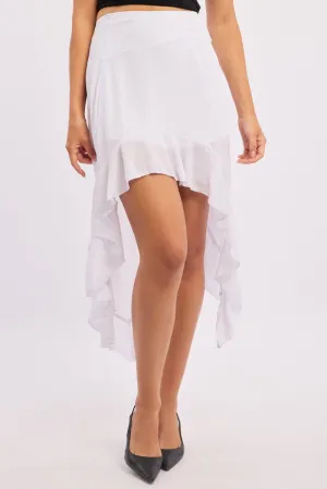 Smart Comfort White Frill Skirt High Waisted High Low Midi