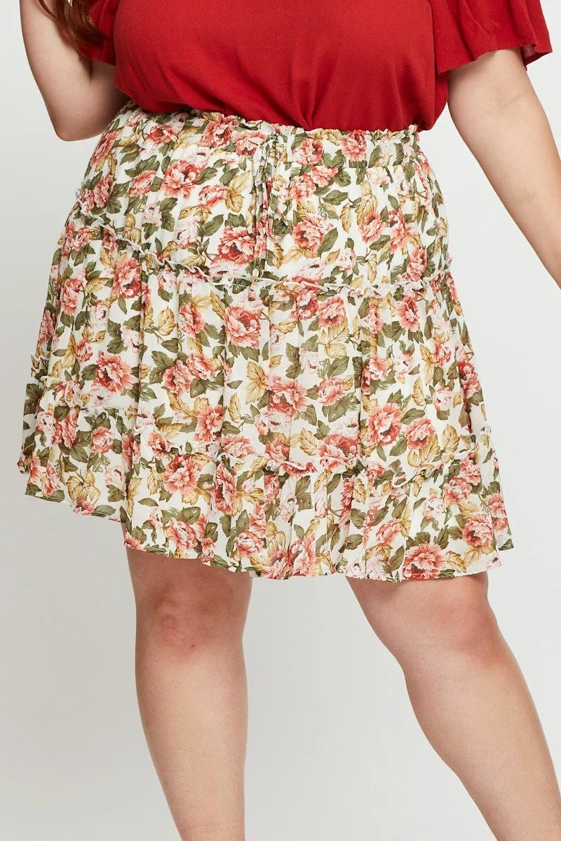 Floral Print Mini Skater Skirt Elastic Waist Crisscross Details Breezy Outfit
