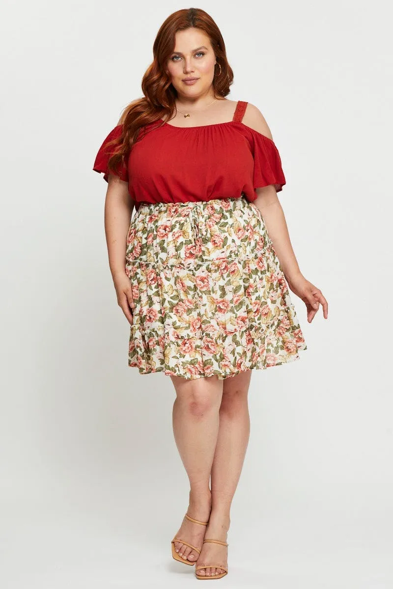 Floral Print Mini Skater Skirt Elastic Waist City Wear Flexible Waistband