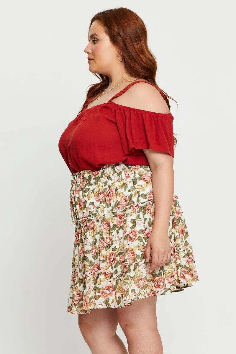 Occasion Dressing Pleated Construction Floral Print Mini Skater Skirt Elastic Waist