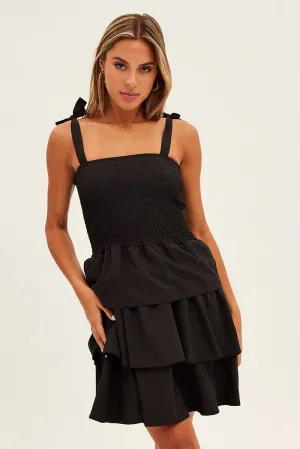 TearResistant Material Black Tie Shoulder Skater Dress