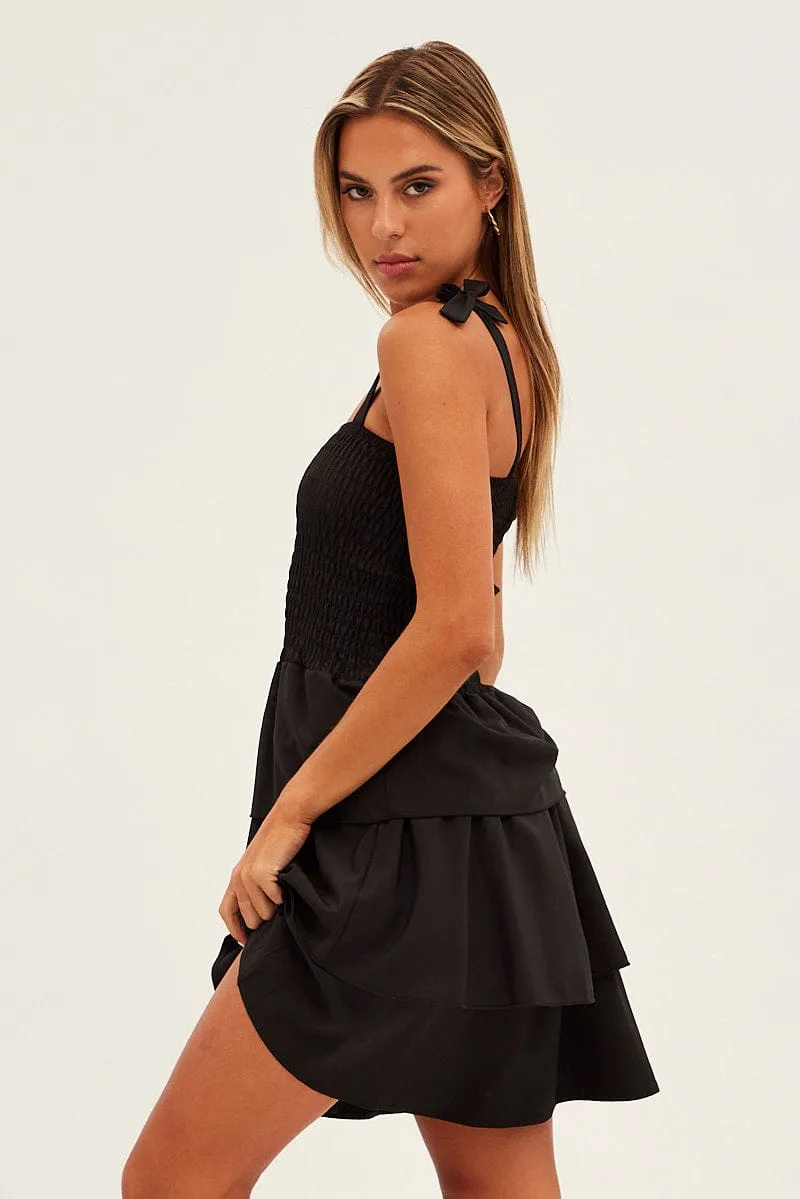 Black Tie Shoulder Skater Dress Cozy Pajama Pants BalancedDrape