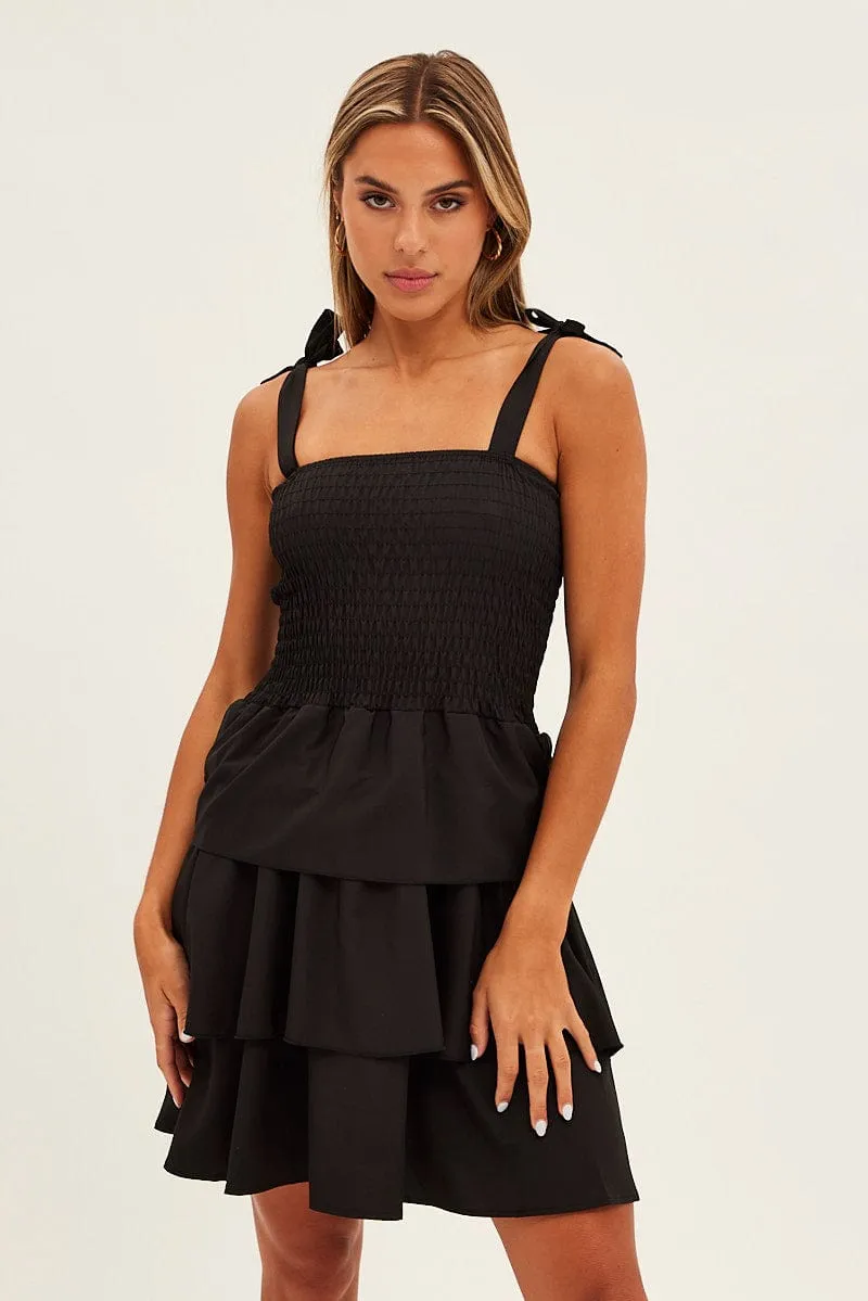 Relaxed Blouse Black Tie Shoulder Skater Dress