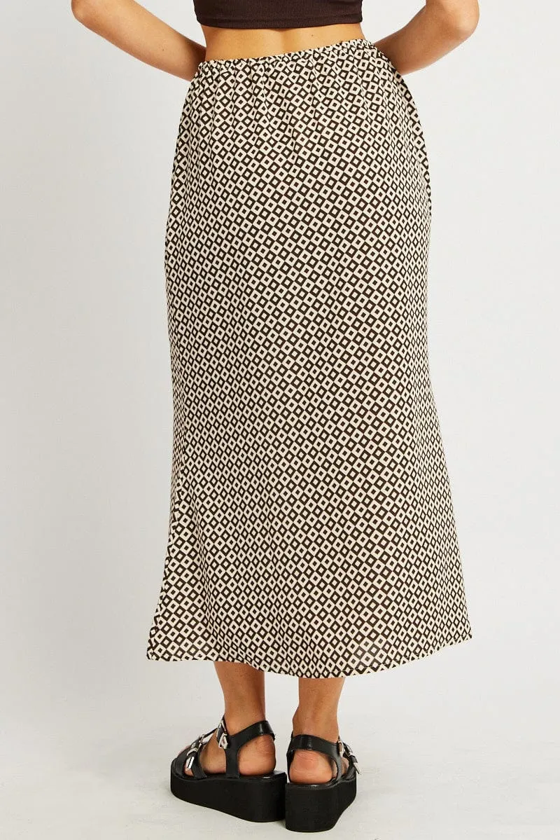 Luxury Finish Date night Brown Geo Midi Slip Skirt Mid Rise Elastic Waist
