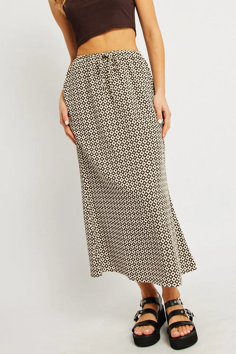 Street Vibe Luxury Trim Brown Geo Midi Slip Skirt Mid Rise Elastic Waist