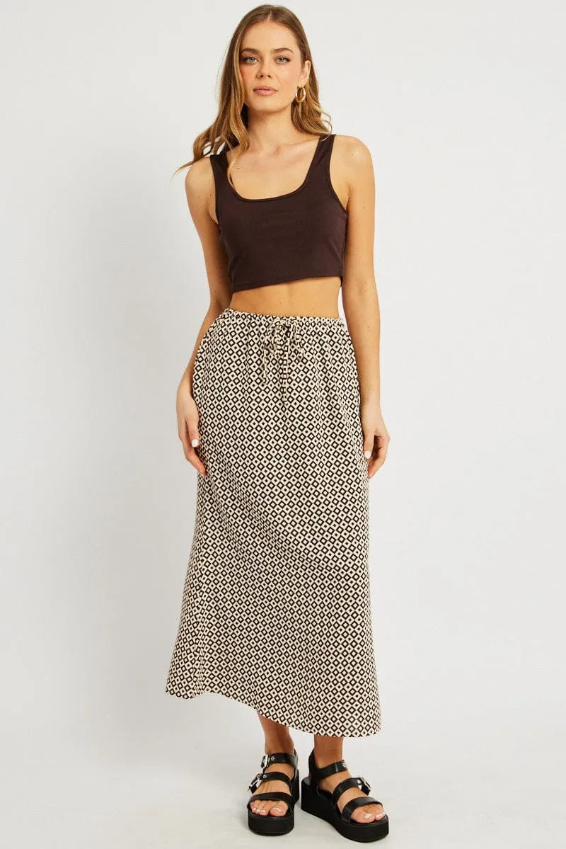 Contemporary Brand Brown Geo Midi Slip Skirt Mid Rise Elastic Waist