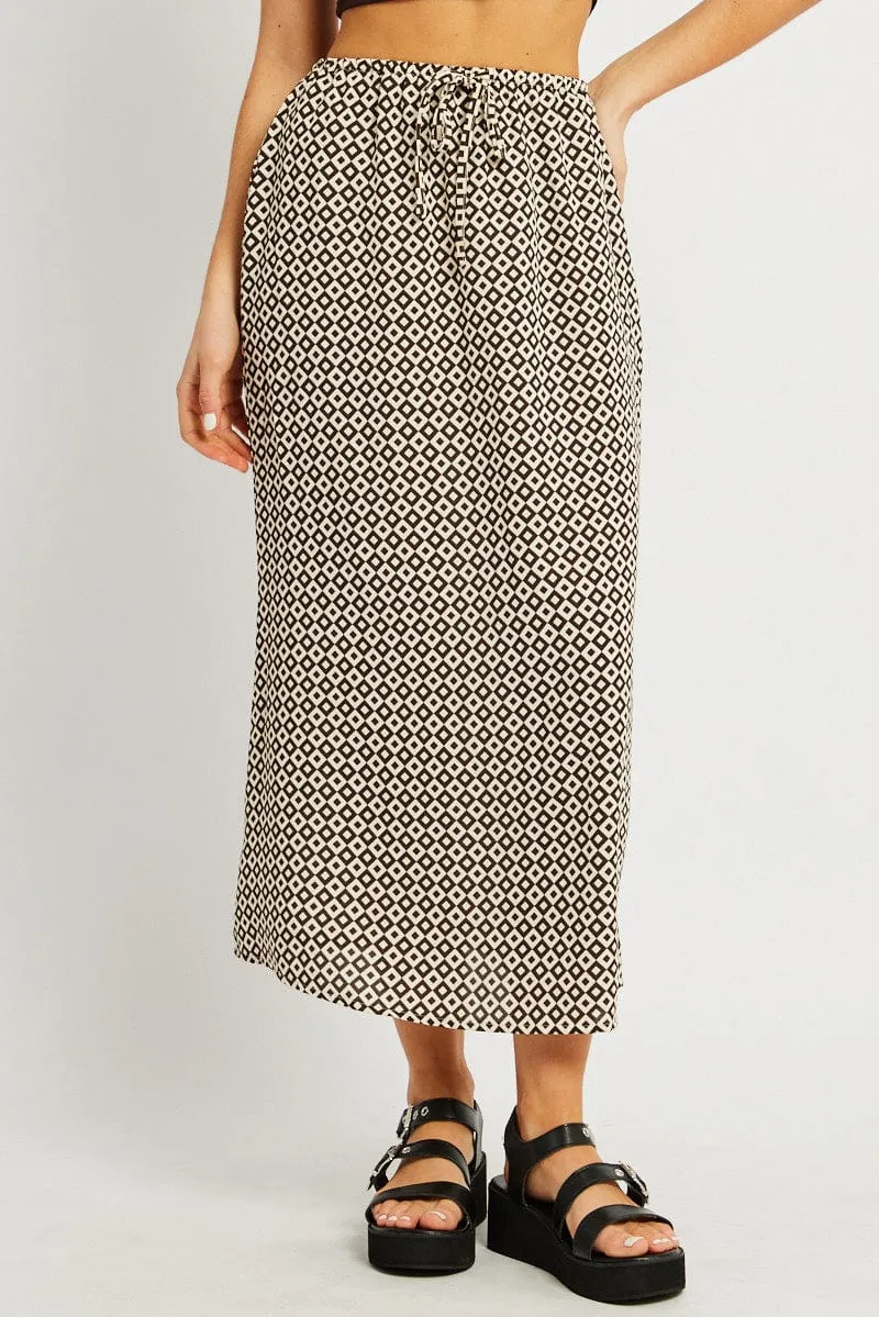 Brown Geo Midi Slip Skirt Mid Rise Elastic Waist Resale Value