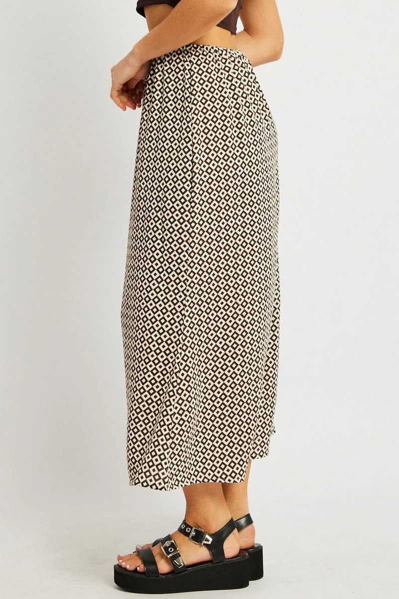 Brown Geo Midi Slip Skirt Mid Rise Elastic Waist Stretchable Waist Wrap Front