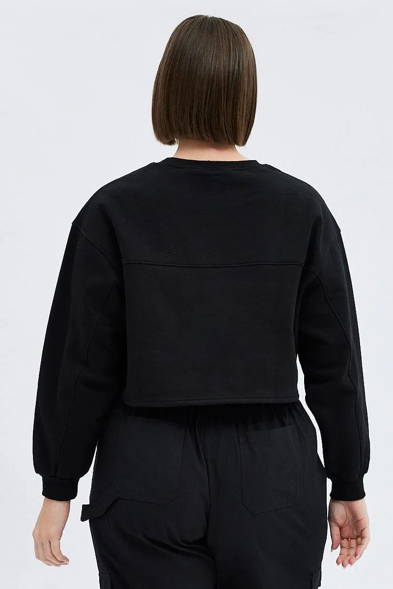 Fresh Sporty Pockets Black Cropped Sweatshirt Print Fleece