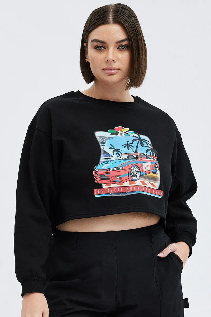 Effortless Look product stock Black Cropped Sweatshirt Print Fleece