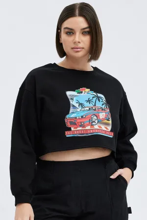 Effortless Look product stock Black Cropped Sweatshirt Print Fleece