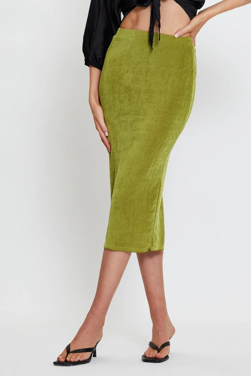 Green Midi Skirt Bodycon Clean Cut Double Layer Construction
