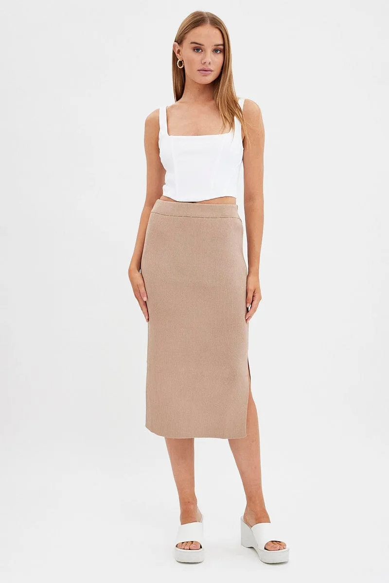 Beige Knit Skirt High Rise Midi Refined Style Versatile Fit