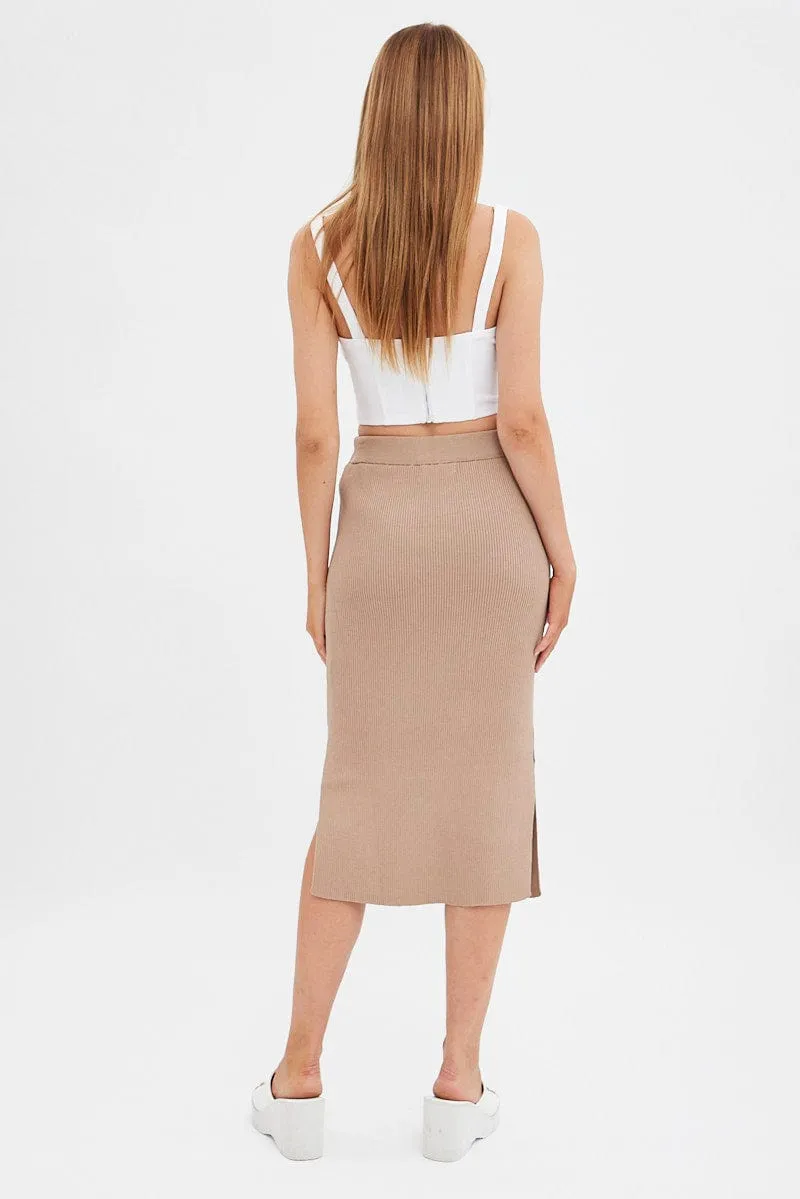 Beige Knit Skirt High Rise Midi Mall Brand Look
