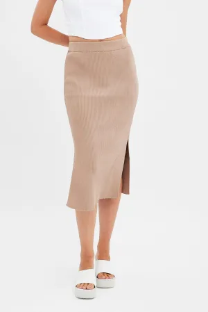Beige Knit Skirt High Rise Midi Smooth Cut