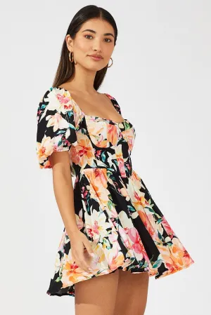 Black Floral Puff Sleeve Skater Dress AntiFadeTechnology