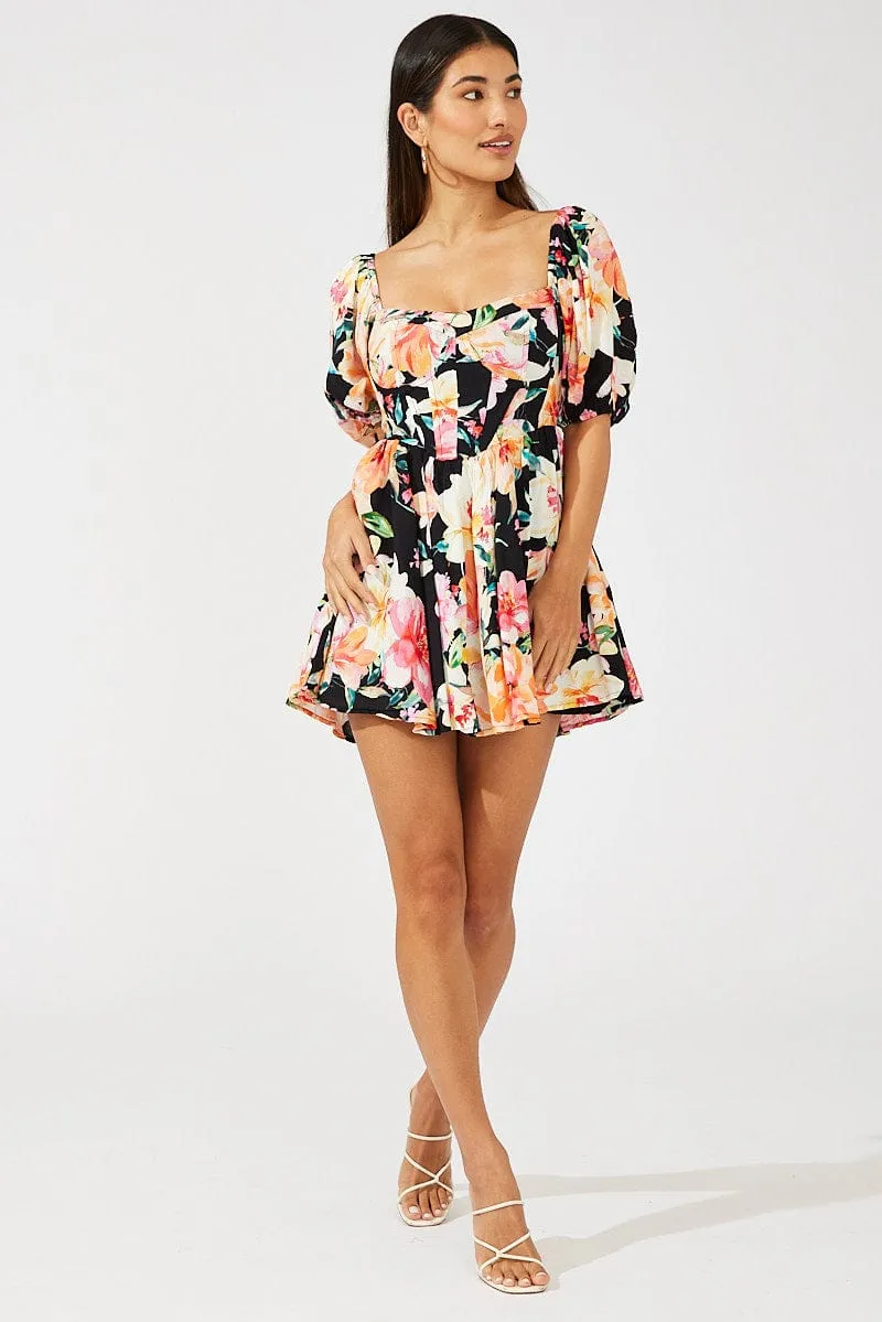 Holiday Ease Black Floral Puff Sleeve Skater Dress