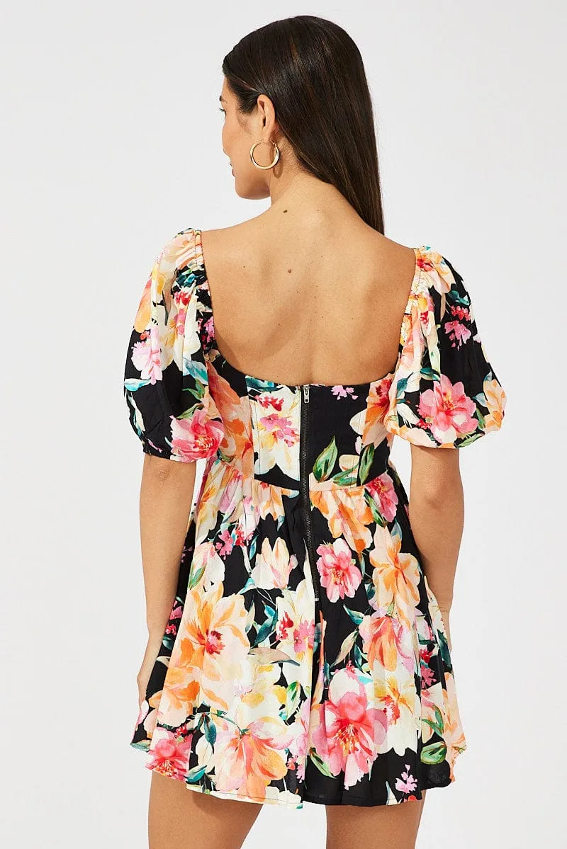 Breathable mesh lining Free Mind Black Floral Puff Sleeve Skater Dress
