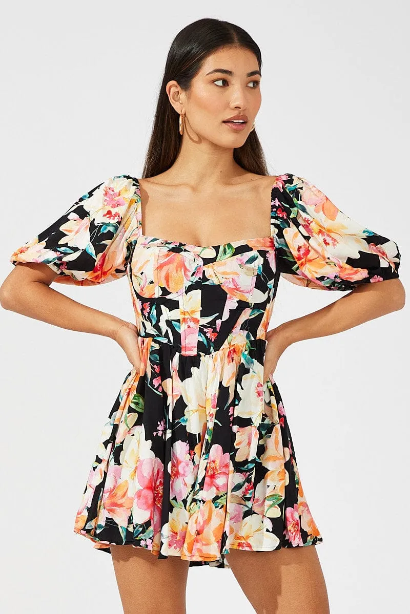 Black Floral Puff Sleeve Skater Dress Pure Core Street Fest