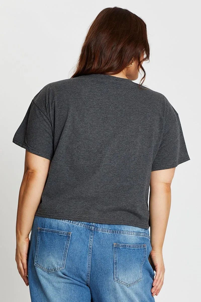 Grey Short Sleeve Miami Charcoal Semi Crop T-shirt Versatile Comfort