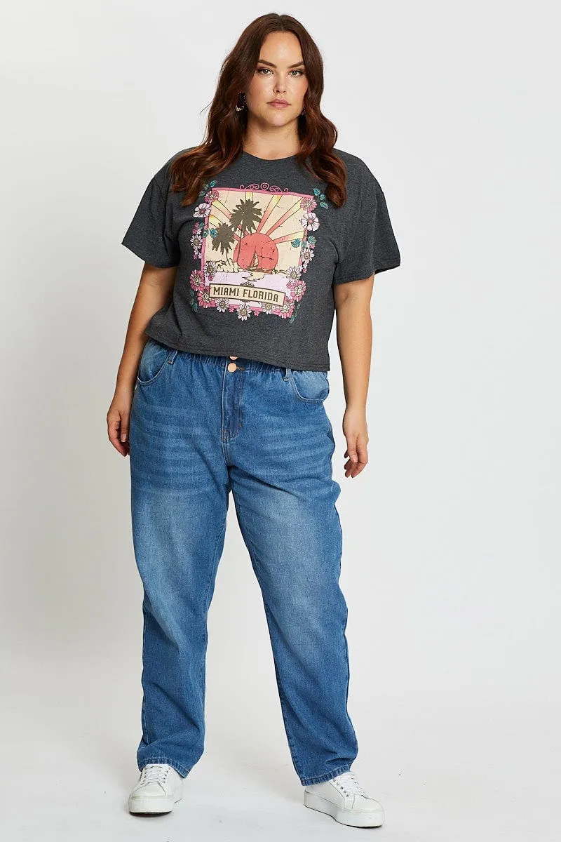 Lightweight Style Grey Short Sleeve Miami Charcoal Semi Crop T-shirt