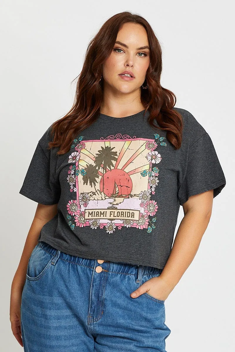 Timeless Design Grey Short Sleeve Miami Charcoal Semi Crop T-shirt