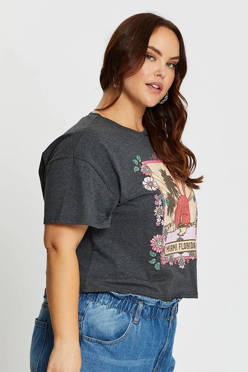 Quality Comfort Grey Short Sleeve Miami Charcoal Semi Crop T-shirt