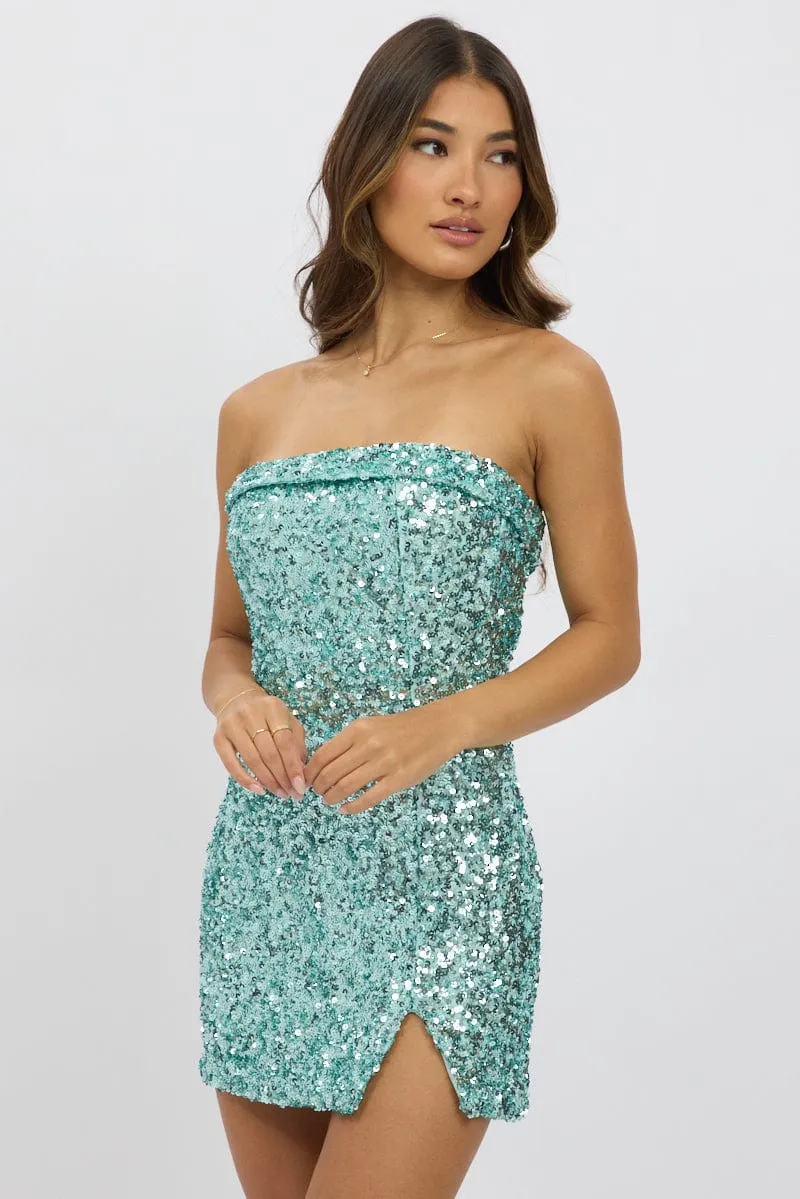 Love Glow Glitter Fit Blue Bodycon Dress Sequin Strapless