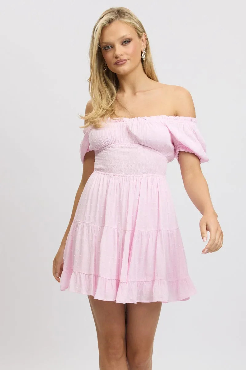 Campus Vibe MoistureControl Fabric Pink Fit And Flare Dress Puff Sleeve Mini